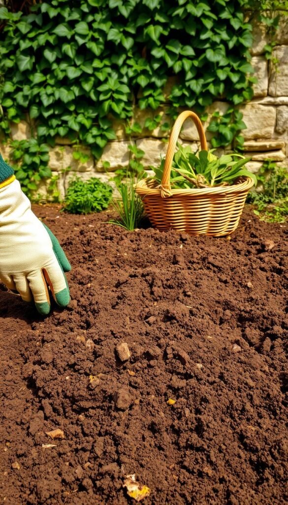 A well-tilled and finely cultivated cottage garden soil, with rich, dark loam texture, flecked with bits of organic matter. The foreground shows a gardener's gloved hands gently turning over the earth, revealing the fertile, crumbly soil underneath. In the middle ground, a wicker basket overflows with freshly pulled weeds and garden clippings. The background features a quaint, ivy-covered stone wall, casting soft, dappled shadows across the scene. A gentle, warm light illuminates the entire tableau, conveying a sense of peaceful productivity and the promise of a bountiful growing season ahead.