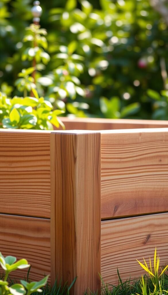 A well-weathered cedar raised garden bed, its sturdy planks gleaming in the soft, diffused sunlight. The textured wood grain stands out in crisp detail, showcasing the natural durability and resistance to rot that makes cedar an ideal choice for long-lasting, low-maintenance raised beds. The bed is nestled in a lush, verdant garden setting, surrounded by thriving plants and a backdrop of blurred, verdant foliage. The overall scene conveys a sense of rustic, timeless elegance and the enduring quality of the cedar construction.