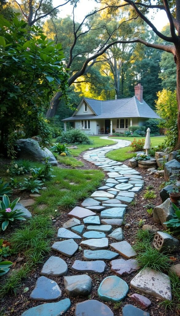 A whimsical fairy garden path winds through a lush, verdant backyard, dotted with an array of creative stepping stones. In the foreground, a mosaic of colorful, irregularly shaped stones creates a delightful, one-of-a-kind trail, leading deeper into the enchanting landscape. Interspersed among the stones, delicate flowers and trailing vines add a touch of natural beauty, while a warm, golden light filters through the canopy of trees overhead, casting a soft, magical glow. The middle ground features a variety of unique stepping stone designs, from carved stone slabs to river rocks artfully arranged, each element contributing to the overall sense of wonder and enchantment. In the background, a charming cottage nestles amidst the greenery, its rustic charm complementing the whimsical path that winds its way towards it.