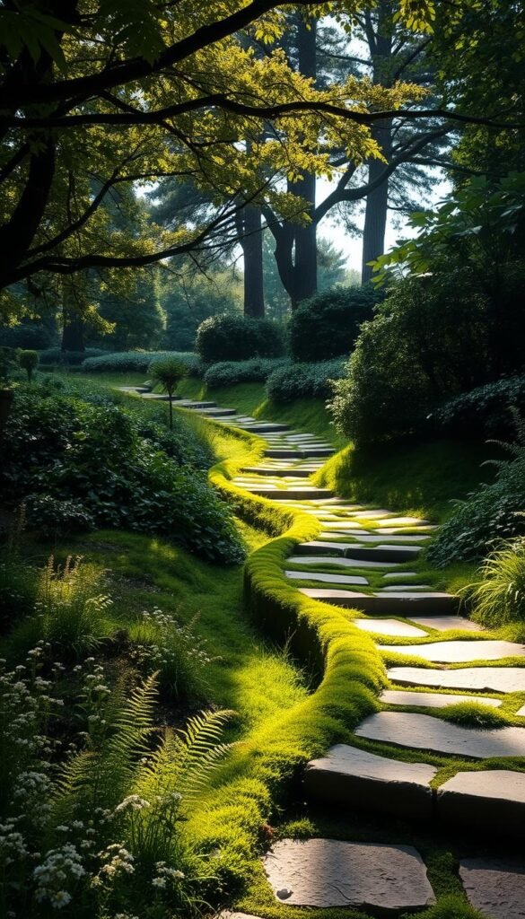 A winding garden path winds through a lush, verdant landscape, its edges lined with weathered stone steps and covered in a soft blanket of emerald moss. Sunlight filters through the canopy of overhanging trees, casting a warm, diffused glow on the scene. In the foreground, delicate ferns and wildflowers spill over the path's edges, creating a enchanting, fairytale-like atmosphere. The middle ground features a series of gentle curves and switchbacks, drawing the eye deeper into the tranquil, secluded garden. In the background, towering trees and dense shrubbery frame the path, creating a sense of privacy and seclusion. The overall mood is one of timeless, natural beauty and rustic charm.