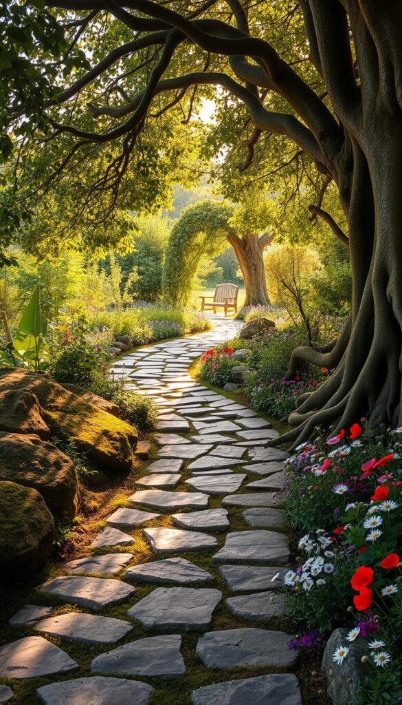 A winding path of weathered stone meanders through a lush, overgrown garden. Moss-covered rocks and gnarled tree roots line the way, creating a whimsical, enchanted atmosphere. Sunlight filters through the canopy of verdant foliage, casting a warm, golden glow over the scene. Beds of vibrant wildflowers, from delicate daisies to bold poppies, spill over the edges of the path, adding pops of color. In the distance, a rustic wooden bench beckons, inviting one to pause and take in the serene beauty of this idyllic country retreat.
