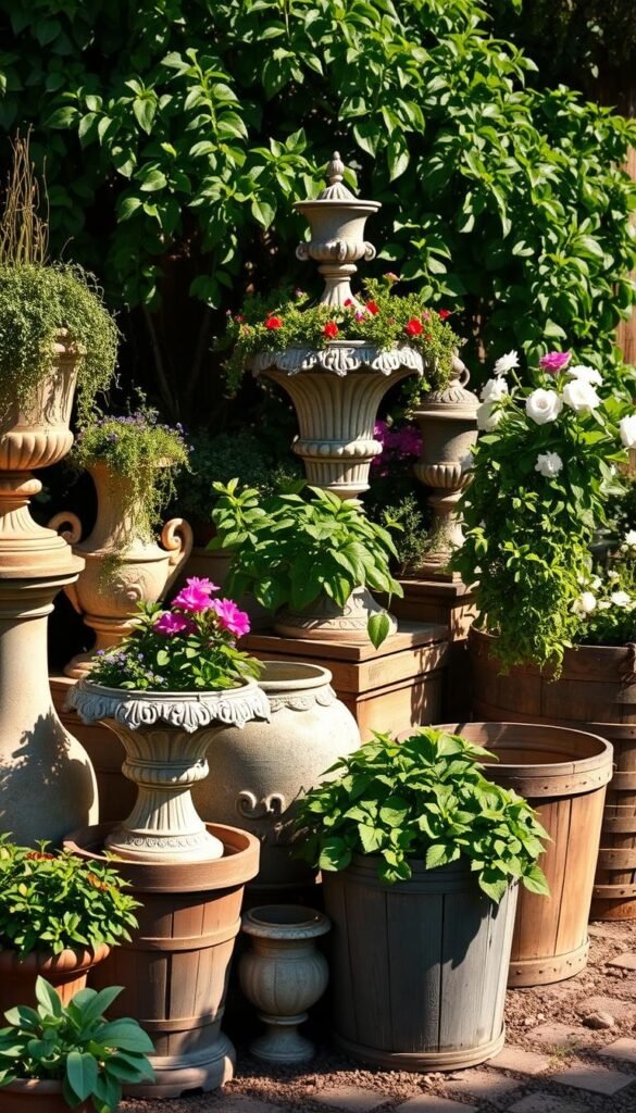 An artfully arranged display of timeless vintage planters, featuring a harmonious mix of rustic ceramic pots, ornate cast iron urns, and weathered wooden tubs. The planters are adorned with lush, cascading greenery and vibrant flowers, casting gentle shadows in the soft, golden light of a sun-dappled garden. The scene exudes a sense of effortless charm and timeless elegance, inviting the viewer to imagine these treasured vessels nestled amidst the verdant foliage of a cozy cottage garden.