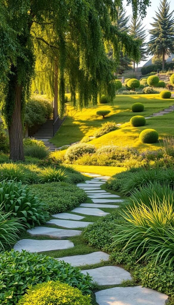 An asymmetrical garden design with lush, cascading greenery and a mix of textures. In the foreground, a pathway of irregular stepping stones meanders through a tapestry of low-growing perennials and ornamental grasses. Towering trees in the middle ground cast dappled shadows, creating an organic, natural feel. In the background, a series of gently sloping hills are dotted with sculptural shrubs and flowering plants, each arrangement unique and asymmetrical. Warm, directional lighting highlights the varying shades of green, while a soft, hazy atmosphere evokes a sense of tranquility and balance within the asymmetrical layout.