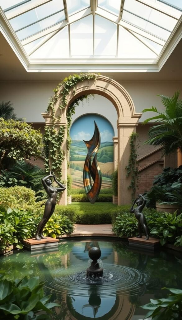 An elegant garden oasis, the focal points bathed in soft, diffused light from an overhead skylight. In the foreground, a serene water feature - a tranquil pool reflecting the surrounding greenery. Flanking it, sculptural bronze figures seem to dance amidst the lush foliage. The middle ground features a towering stone arch, vines cascading down its sides, framing a vibrant mural depicting a pastoral landscape. In the background, a winding path leads the viewer's eye towards a striking metal installation, its abstract form casting dynamic shadows across the scene. An atmosphere of artistic harmony, where nature and human-made elements converge in a captivating display.