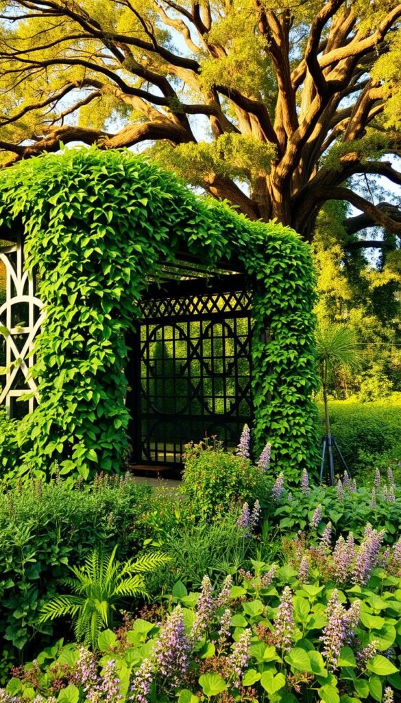 An evergreen garden structure with intricate lattice-work, nestled amidst a lush, verdant landscape. The structure's timeless, architectural design casts dynamic shadows, creating a play of light and shadow across the scene. In the foreground, vibrant, diverse foliage cascades over the structure, blending seamlessly with the surrounding greenery. The middle ground features a mix of perennial plants, their colors shifting with the seasons, while the background features a towering, ancient tree canopy, filtering the warm, golden sunlight. The overall atmosphere evokes a sense of tranquility, inviting the viewer to pause and appreciate the harmonious integration of structural and natural elements. An evergreen garden structure with intricate lattice-work, nestled amidst a lush, verdant landscape. The structure's timeless, architectural design casts dynamic shadows, creating a play of light and shadow across the scene. In the foreground, vibrant, diverse foliage cascades over the structure, blending seamlessly with the surrounding greenery. The middle ground features a mix of perennial plants, their colors shifting with the seasons, while the background features a towering, ancient tree canopy, filtering the warm, golden sunlight. The overall atmosphere evokes a sense of tranquility, inviting the viewer to pause and appreciate the harmonious integration of structural and natural elements.