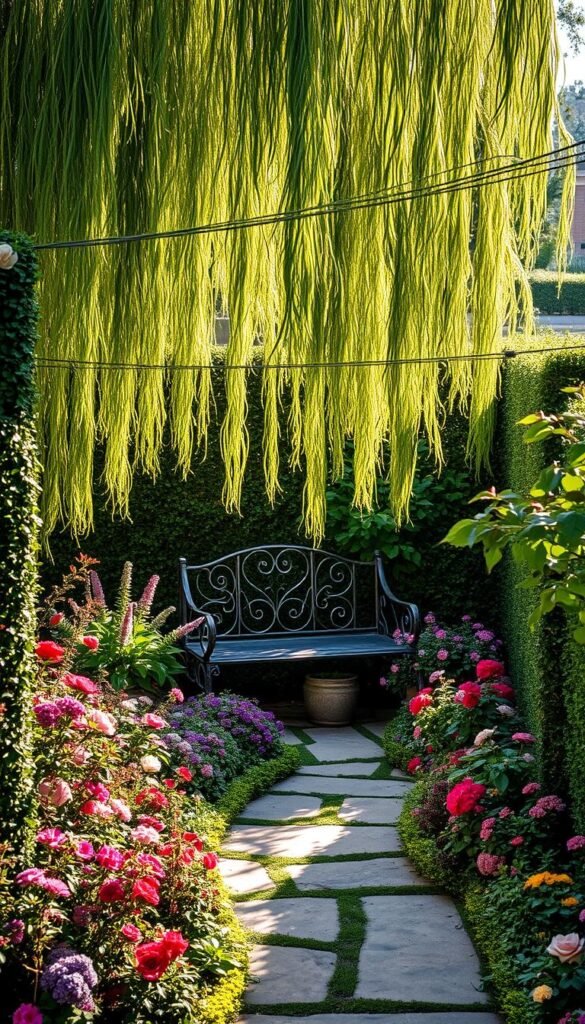 An intimate, cozy garden seating design nestled amidst lush, vibrant foliage. A wrought-iron bench sits upon a natural stone pathway, surrounded by a profusion of colorful perennials and trailing vines. Dappled sunlight filters through the canopy of a nearby weeping willow tree, casting a warm, romantic glow across the scene. Neatly trimmed hedges and delicate climbing roses frame the peaceful nook, creating a sense of enclosure and privacy. The overall atmosphere is one of tranquility and effortless charm, inviting the viewer to linger and savor the beauty of this secluded garden oasis.