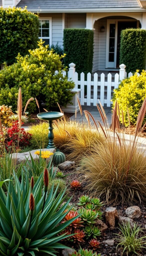 An inviting front yard garden featuring a curated selection of low-maintenance plants. A lush foreground with a mix of hardy succulents, drought-tolerant perennials, and ornamental grasses in warm, earthy tones. A mid-ground with a sculptural Japanese maple and a birdbath nestled among bushy shrubs. The background showcases a picturesque white picket fence and a tranquil path leading to the welcoming entryway. The scene is bathed in soft, natural lighting, creating a serene and charming atmosphere that embodies the spirit of a cozy cottage garden.