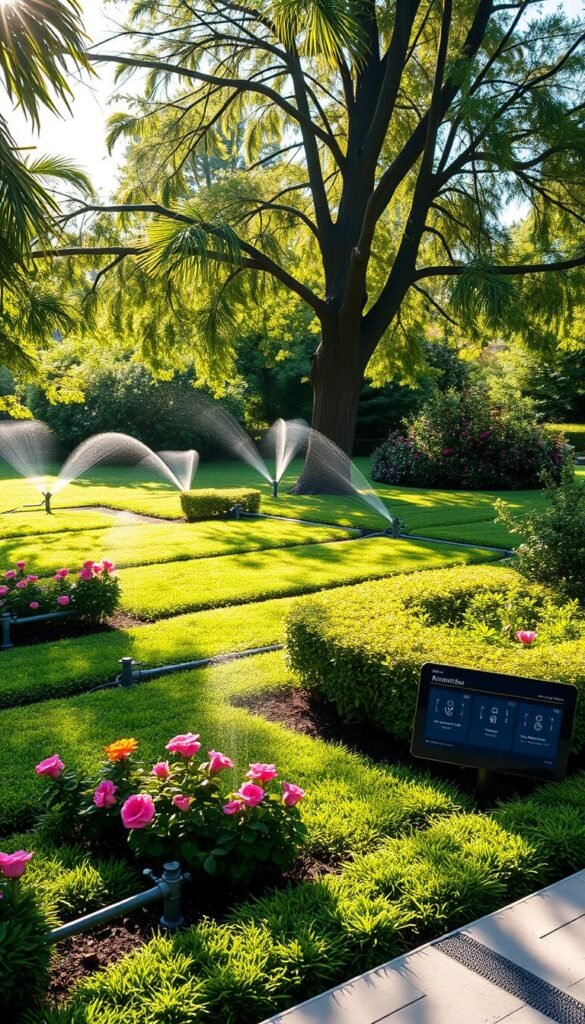 Automated irrigation system in a lush, verdant garden. Neatly arranged sprinklers and drip lines crisscross the landscape, gently watering vibrant flowerbeds and neatly trimmed hedges. Sunlight filters through swaying trees, casting dynamic shadows that dance across the scene. In the background, a sleek control panel with intuitive digital interfaces stands ready to precisely manage the irrigation schedule. The overall atmosphere is one of harmonious, high-tech efficiency seamlessly integrated into a serene, natural setting.