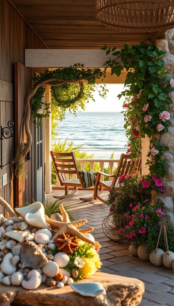 Coastal cottage textures: Weathered wood panels, sun-kissed stucco, and sun-dappled stone. Delicate seashells, driftwood, and wrought iron accents adorn the foreground. Lush greenery and vibrant flowers spill over the middle ground, framing a cozy porch with rocking chairs. In the background, a serene ocean view with gentle waves lapping at the shore. Soft, warm lighting casts a golden glow, evoking a sense of tranquility and relaxation. The overall aesthetic is one of rustic elegance, blending natural elements with a touch of coastal charm.