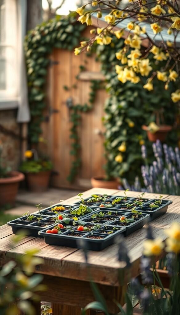 Cozy cottage garden scene, early spring. Foreground: Wooden garden table holding trays of seedlings - tomatoes, basil, marigolds. Delicate light filters through lace curtains in open window behind. Middle ground: Wooden garden shed, ivy-covered, door ajar. Background: Blooming apple tree, daffodils, and lavender plants framing the scene. Soft, warm lighting, early morning or late afternoon. Shallow depth of field, gently blurred edges. Peaceful, tranquil atmosphere, inviting the viewer to step into this serene, nurturing gardening space.