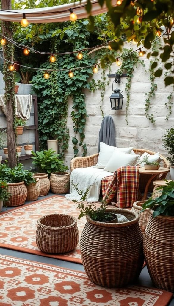 Cozy garden textiles and lighting: a lush, intimate outdoor sanctuary. In the foreground, a plush, patterned outdoor rug anchors the space, surrounded by woven garden baskets and potted plants. Overhead, delicate string lights cast a warm, inviting glow, intertwined with cascading vines. In the middle ground, a cozy seating area with plush cushions and throws invites relaxation. The background features a charming garden wall, adorned with trailing greenery and a vintage-inspired lantern. A soft, nostalgic color palette of muted greens, creams, and warm terracotta tones imbues the scene with a sense of timeless, welcoming comfort. Cozy garden textiles and lighting: a lush, intimate outdoor sanctuary. In the foreground, a plush, patterned outdoor rug anchors the space, surrounded by woven garden baskets and potted plants. Overhead, delicate string lights cast a warm, inviting glow, intertwined with cascading vines. In the middle ground, a cozy seating area with plush cushions and throws invites relaxation. The background features a charming garden wall, adorned with trailing greenery and a vintage-inspired lantern. A soft, nostalgic color palette of muted greens, creams, and warm terracotta tones imbues the scene with a sense of timeless, welcoming comfort.