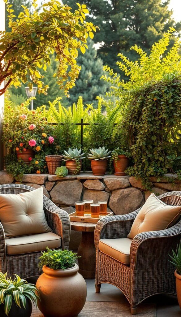 Cozy patio seating with decorative containers A quaint patio scene bathed in soft, golden-hour light. In the foreground, a pair of plush, weathered wicker armchairs invite relaxation, their cushions in muted earth tones. Beside them, decorative ceramic planters overflow with cascading greenery and vibrant blooms. A wooden side table holds a tray of artisanal drinks. In the middle ground, potted succulents and trailing vines adorn a low stone wall, adding texture and visual interest. Beyond, the lush, verdant garden frames the intimate space, creating a sense of seclusion and retreat. The overall mood is one of laid-back elegance and natural serenity.