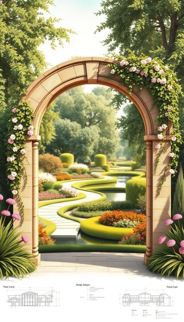 Detailed architectural garden arch design plan, rendered in warm, natural lighting. A central stone arch structure in the foreground, adorned with cascading vines and flowering plants. The middle ground showcases a lush, verdant landscape with colorful blooms and meandering garden paths. In the background, a serene pond reflects the tranquil scene. The composition highlights the arch's elegant form and how it seamlessly integrates with the surrounding greenery, creating a picturesque focal point. Emphasis on depth, texture, and a harmonious, inviting atmosphere.