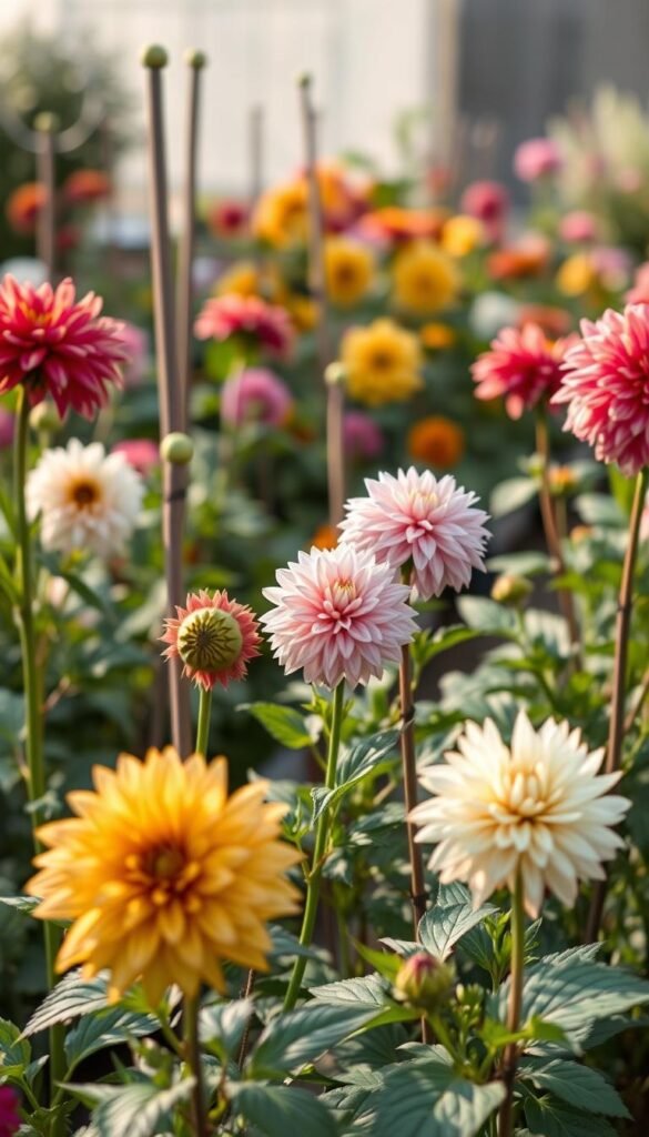 Detailed close-up image of a well-maintained dahlia flower garden in a cut flower setting. The dahlias are staked and supported, with lush foliage and vibrant blooms in a variety of colors. Soft, diffused natural lighting illuminates the scene, creating a warm, inviting atmosphere. The focus is on the middle ground, showcasing the proper staking, watering, and deadheading techniques for optimal dahlia care. The background is slightly blurred, emphasizing the subject matter. The overall composition is balanced and visually appealing, conveying a sense of horticultural expertise and pride.