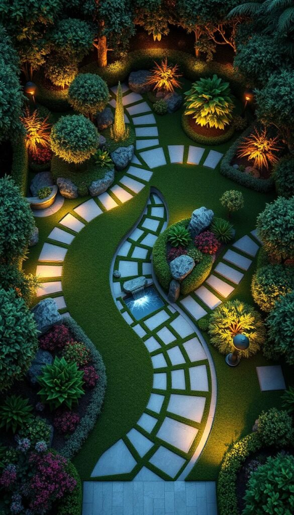 Detailed garden layout plan showcasing a harmonious blend of lush greenery, flowing water features, and strategic lighting. Meticulously designed paths guide visitors through a serene oasis, accentuated by expertly placed flower beds, ornamental shrubs, and neatly trimmed hedges. The scene is bathed in a warm, inviting glow from discreetly positioned landscape lighting, creating a tranquil atmosphere ideal for relaxation and contemplation. The layout seamlessly integrates automated irrigation and lighting systems, ensuring the garden thrives with minimal maintenance. Rendered in a realistic, high-resolution style with a focus on realistic textures and natural color tones.