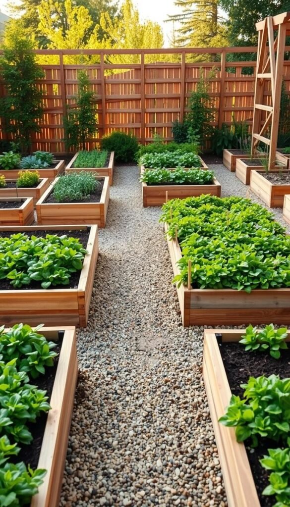 Detailed, meticulously designed raised garden bed layout showcasing an organized, functional arrangement. The foreground features neatly arranged rectangular raised beds filled with lush, verdant vegetation. The middle ground depicts a gravel path winding through the beds, allowing easy access. In the background, a wooden fence or trellis provides structure and definition to the space. Warm, natural lighting casts a welcoming glow, highlighting the textures of the wood and soil. The overall scene conveys a sense of order, productivity, and a harmonious blend of cultivated elements within a natural setting.