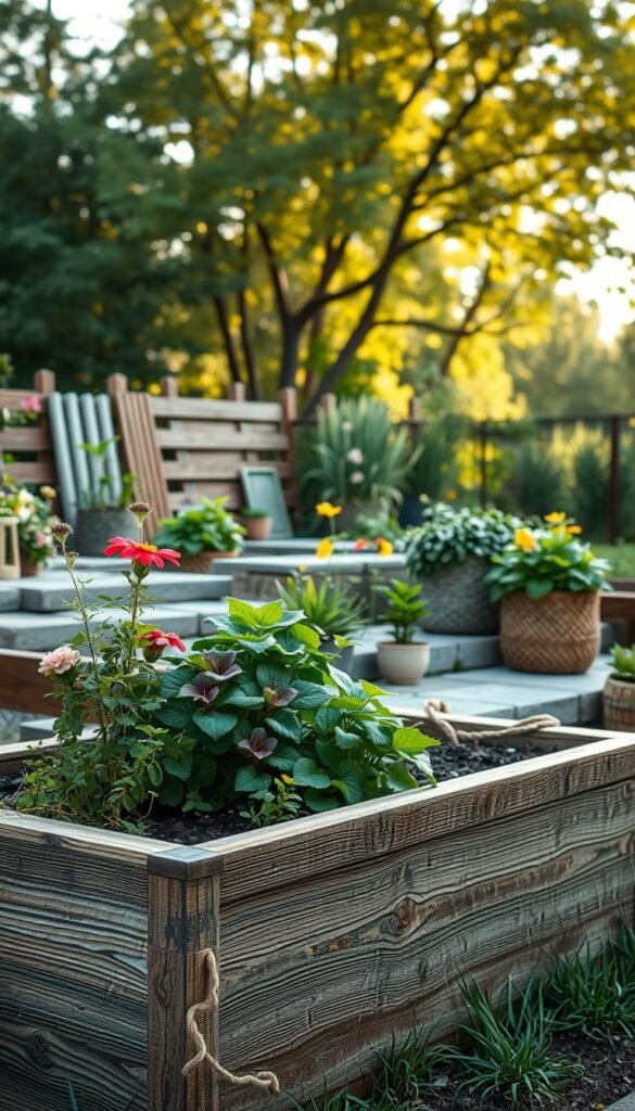 Detailed raised garden bed with innovative materials, showcasing a variety of textures and natural elements. In the foreground, a raised planter constructed with rustic wooden boards, adorned with colorful flowers and trailing vines. In the middle ground, a mix of repurposed materials like stone pavers, corrugated metal sheets, and woven baskets filled with lush greenery. The background features a tranquil, sun-dappled setting with a backdrop of verdant trees and a soft, dreamy atmosphere created by warm, diffused lighting. The overall composition emphasizes the harmonious integration of practical function and aesthetic appeal, inspiring viewers to reimagine their own garden spaces.