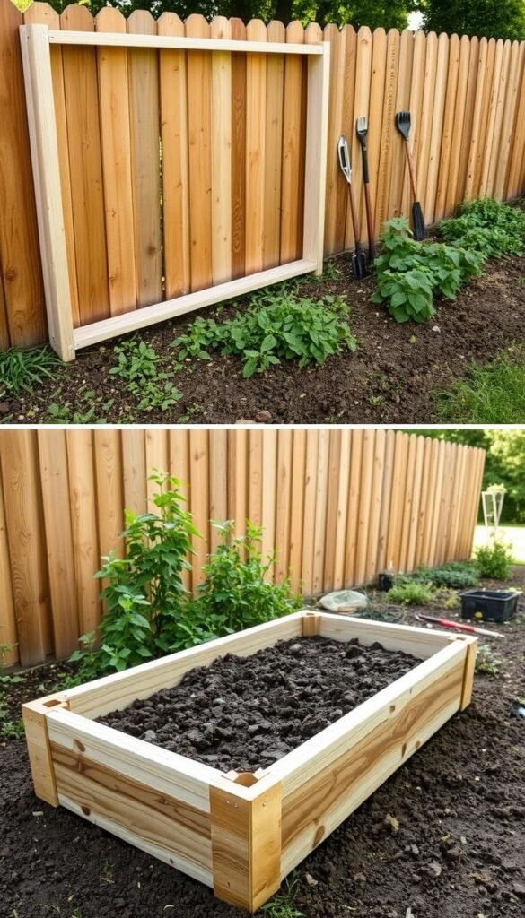 Detailed step-by-step construction of a raised garden bed along a wooden fence. Foreground shows the wooden frame being assembled, with close-up views of the joints and screws. Middle ground depicts soil being filled into the frame, and gardening tools in use. Background features the wooden fence, with lush greenery and natural lighting filtering through. Crisp, realistic textures and proportions throughout. A serene, informative scene that clearly illustrates the process of building an efficient raised bed system. Detailed step-by-step construction of a raised garden bed along a wooden fence. Foreground shows the wooden frame being assembled, with close-up views of the joints and screws. Middle ground depicts soil being filled into the frame, and gardening tools in use. Background features the wooden fence, with lush greenery and natural lighting filtering through. Crisp, realistic textures and proportions throughout. A serene, informative scene that clearly illustrates the process of building an efficient raised bed system.