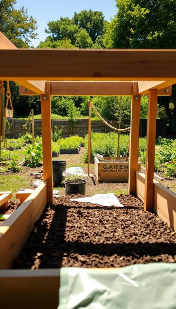 Detailed step-by-step construction of a raised garden bed, viewed from a low angle. The foreground shows the frame being assembled, with wooden planks and metal brackets. The middle ground displays various gardening tools and materials like soil, mulch, and seedlings. The background features a lush, verdant garden landscape with trees and a clear blue sky. Warm, natural lighting illuminates the scene, casting soft shadows. The overall mood is one of accomplishment, productivity, and a sense of nurturing nature. The image conveys a clear, instructional guide for building a raised bed for a small, urban garden.