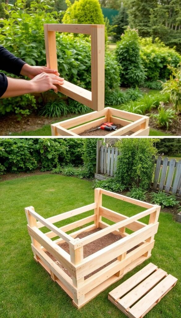Detailed step-by-step guide for building a raised garden bed from reclaimed wooden pallets. In the foreground, a person's hands assemble the wooden frame, with tools and materials neatly arranged. In the middle ground, the fully constructed raised bed stands on a grassy surface, ready to be filled with soil. In the background, a lush, verdant garden provides a natural setting. Warm, diffused natural lighting creates a serene, inviting atmosphere. Captured with a wide-angle lens to showcase the entire process from start to finish.