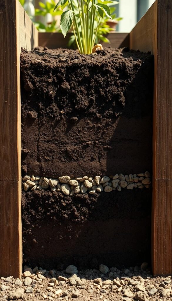 Elevated garden bed soil structure, crisp cross-section view, detailed cutaway revealing intricate soil layers. Rich, dark loam, crumbly texture, organic matter intermixed. Beneath, well-drilled drainage gravel, maximizing water percolation. Framed by sturdy, weathered timber edging, casting warm, natural shadows. Sunlight filters softly, highlighting the soil's subtle variations. Precise, technical illustration style, high-contrast, muted tones. Conveys a sense of stability, longevity, and horticultural expertise.