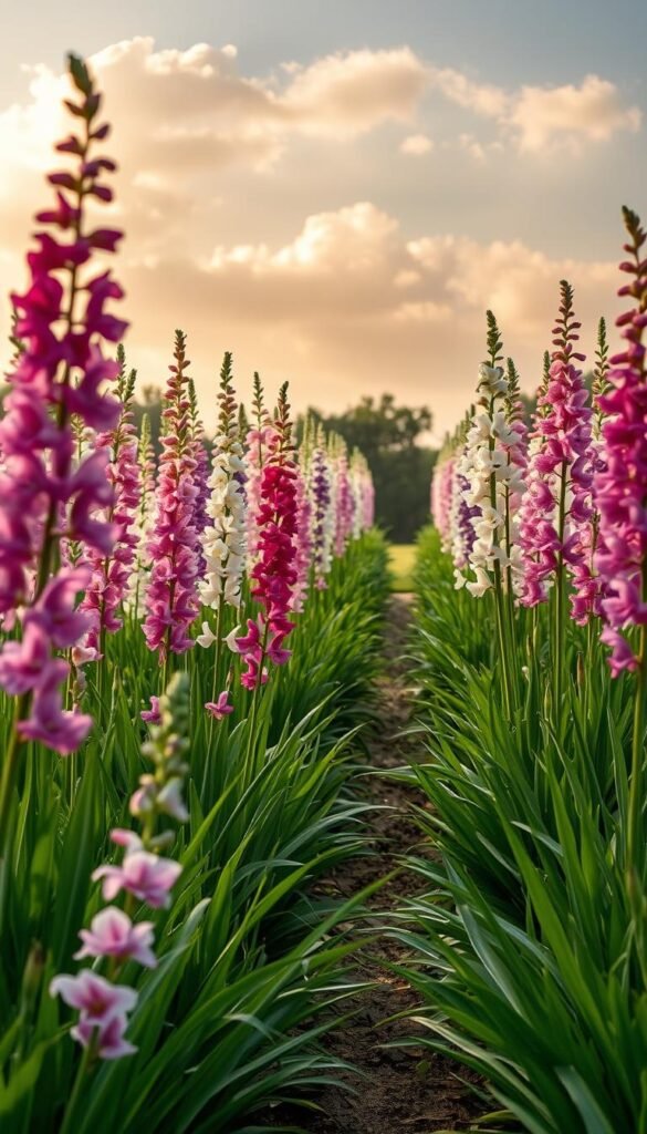 Ethereal feng shui garden with graceful gladiolus borders. Sweeping rows of tall, vibrant gladioli in shades of pink, purple, and white, their slender stems swaying gently in a soft breeze. Lush, verdant foliage frames the scene, creating a sense of balance and harmony. Warm, diffused lighting filters through wispy clouds, casting a golden glow over the tranquil landscape. The entire composition exudes a serene, contemplative atmosphere, inviting the viewer to step into this oasis of tranquility.