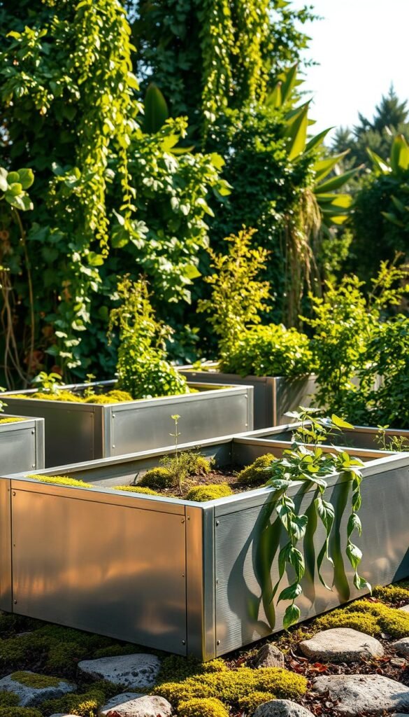 Galvanized steel garden beds, their polished metallic surfaces gleaming under warm, natural lighting. Rectangular planters with clean, contemporary lines stand in a lush, verdant setting - mossy stones, trailing vines, and an abundance of flourishing greenery. The beds are arranged in an orderly, symmetrical fashion, their sharp edges softened by the organic elements surrounding them. A sense of balance and harmony pervades the scene, showcasing how these modern, durable structures can be seamlessly integrated into a natural landscape. Wide-angle lens captures the full scope of this harmonious fusion of industrial and organic elements. Galvanized steel garden beds, their polished metallic surfaces gleaming under warm, natural lighting. Rectangular planters with clean, contemporary lines stand in a lush, verdant setting - mossy stones, trailing vines, and an abundance of flourishing greenery. The beds are arranged in an orderly, symmetrical fashion, their sharp edges softened by the organic elements surrounding them. A sense of balance and harmony pervades the scene, showcasing how these modern, durable structures can be seamlessly integrated into a natural landscape. Wide-angle lens captures the full scope of this harmonious fusion of industrial and organic elements.