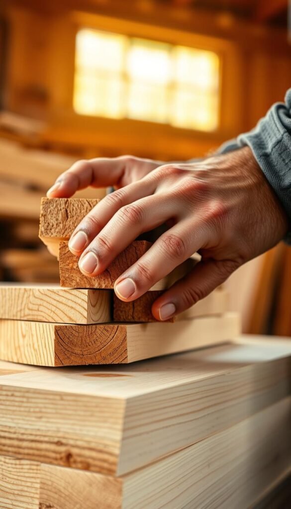 High-quality, realistic closeup image of a person's hands closely inspecting a stack of freshly cut, smooth-sanded wooden boards, examining the grain patterns, knots, and overall condition of the lumber. Warm, natural lighting from an overhead window casts a soft glow, emphasizing the textures and colors of the wood. The image is focused and sharp, with a shallow depth of field that blurs the background, drawing the viewer's attention to the details of the inspection process. The person's hands are steady and attentive, conveying a sense of expertise and care in evaluating the lumber's quality and suitability for a high-end woodworking project.