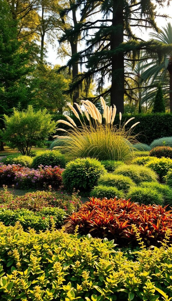 Layered garden beds with lush, vibrant foliage and a mix of textures and heights. In the foreground, low-growing perennials and groundcovers create a soft, carpet-like base, while mid-height shrubs and ornamental grasses add movement and visual interest in the middle ground. In the background, tall, stately trees cast dappled light and create a serene, natural backdrop. The lighting is warm and golden, conveying a sense of tranquility and depth. Capture this scene from a slightly elevated angle, emphasizing the layered, three-dimensional nature of the planting design.