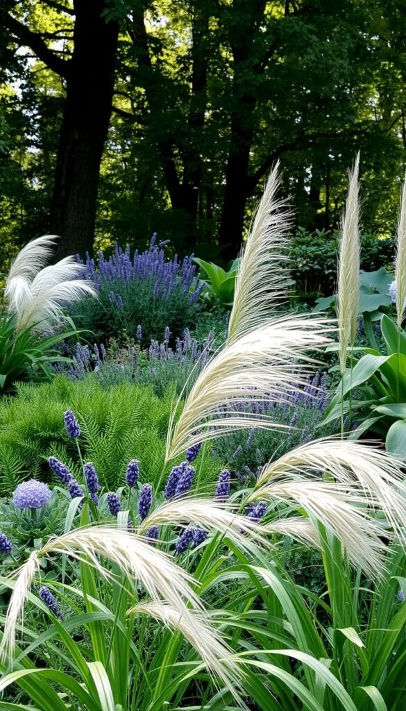 Layered garden bursting with lush, textural foliage. In the foreground, a cluster of ornamental grasses sway gently, their wispy blades catching the soft, diffused light. The middle ground features a mix of perennials - billowing mounds of lavender, feathery ferns, and oversized leaves of elephant's ear. Beyond, a backdrop of towering trees casts dappled shadows, creating an enchanting, fairy-tale atmosphere. The overall scene exudes a sense of tranquil, naturalistic beauty - an oasis of subtle, harmonious details that invites exploration and contemplation.
