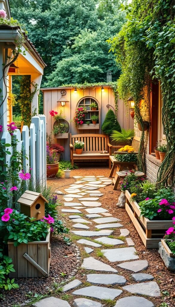 Lush cottage front yard filled with DIY projects, overflowing with vibrant blooms and rustic charm. A meandering path of natural stone leads to the inviting entrance, framed by a charming picket fence and cascading vines. In the foreground, a whimsical birdhouse and handcrafted garden boxes brimming with herbs and flowers. The middle ground showcases a cozy seating area with a rustic bench and planters, while the background features a quaint garden shed adorned with trellises and trailing greenery. Soft, diffused lighting casts a warm, welcoming glow, creating an enchanting atmosphere. The overall scene exudes a sense of homespun elegance and natural beauty.