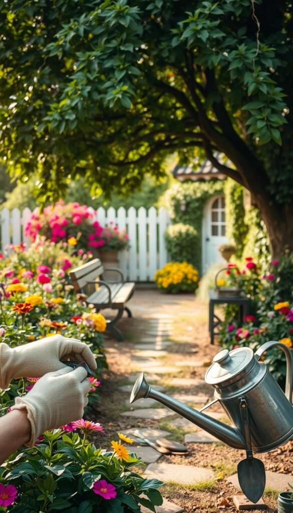 Lush cottage garden with vibrant blooms, carefully tended pathways, and a cozy wooden bench under a shady tree. Soft, natural lighting filters through the foliage, casting a warm, inviting glow. In the foreground, a gardener's gloved hands tenderly prune the flowers, while the middle ground showcases an ornate watering can and a pair of well-worn garden tools. The background features a charming, whitewashed fence and a glimpse of a quaint, ivy-covered cottage. The overall scene radiates a sense of tranquility, balance, and the rewarding process of nurturing a beautiful, low-maintenance outdoor oasis.