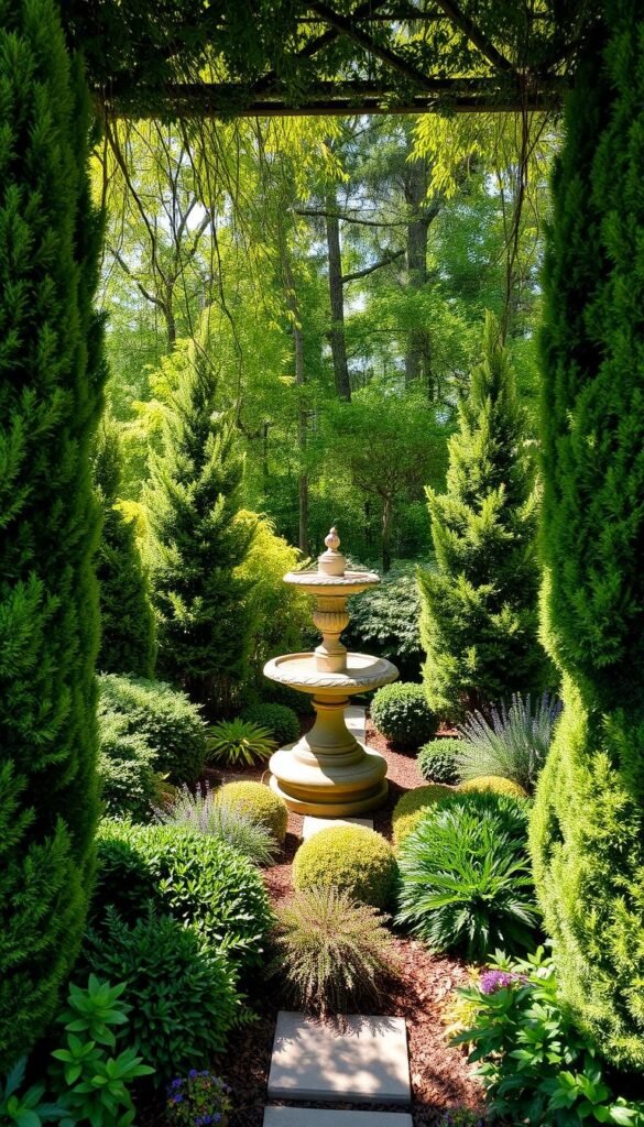 Lush evergreen garden framework with a harmonious blend of verdant foliage and natural textures. A central focal point, a sculptural centerpiece such as a birdbath or stone planter, surrounded by a mix of towering conifers, cascading shrubs, and perennials in a layered arrangement. Dappled sunlight filters through the canopy, casting warm, gentle shadows across the tranquil scene. The overall composition conveys a sense of timeless elegance and year-round visual interest, creating a welcoming, nature-inspired ambiance. Captured with a wide-angle lens to showcase the depth and balance of the dynamic yet cohesive design.