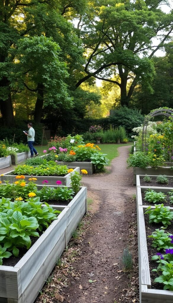 Lush, flourishing garden layout with neatly arranged raised garden beds in the foreground, made of weathered wood and filled with a variety of thriving edible plants. The middle ground features a winding path leading through the beds, flanked by colorful, blooming perennials. In the background, a canopy of mature trees casts a warm, dappled light over the entire scene, creating a serene, naturalistic atmosphere. The layout is designed to optimize space, flow, and seasonal interest, showcasing the harmonious integration of form and function.