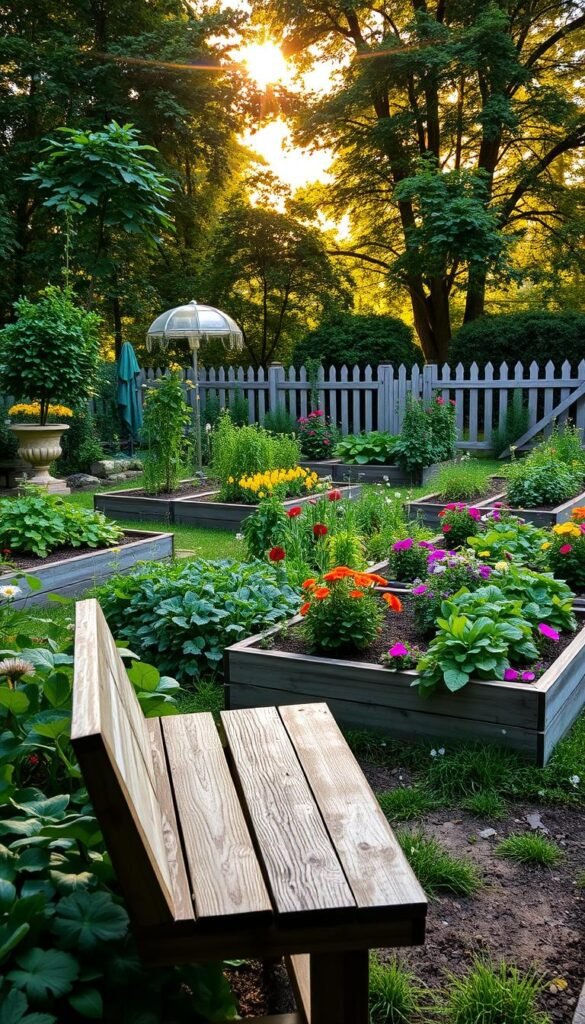 Lush, verdant backyard garden with raised planter beds, lush greenery, and vibrant flowers. Warm afternoon sunlight filters through the trees, casting a soft, golden glow over the scene. The beds are filled with a mix of vegetables, herbs, and colorful blooms, creating a harmonious and productive oasis. In the foreground, a weathered wooden bench invites relaxation, while in the background, a picket fence frames the tranquil setting. The overall atmosphere is one of calm, beauty, and the joy of gardening.