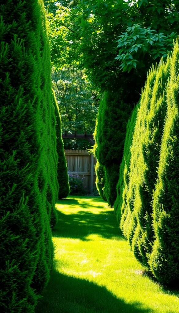 Lush, verdant garden featuring tall, densely planted evergreen shrubs and trees in the foreground, providing a natural privacy screen. The vibrant greenery creates a sense of depth, with a mix of varying textures and heights. Dappled sunlight filters through the foliage, casting soft shadows and adding a warm, serene atmosphere. The middle ground features a well-manicured lawn, inviting the viewer to imagine themselves relaxing in this peaceful oasis. In the background, a wooden fence or trellis can be seen, further accentuating the secluded and tranquil nature of the scene. The overall composition evokes a sense of lush, natural seclusion, perfect for transforming a simple backyard into a lush, private retreat.