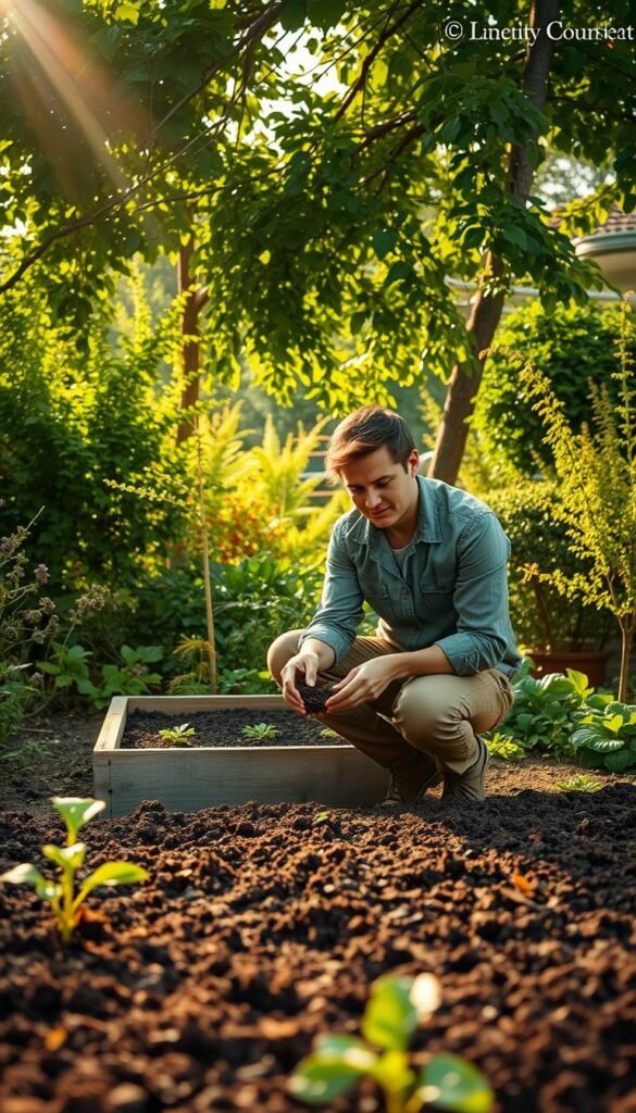 Lush, verdant garden setting with a gardener intently examining the soil in the foreground. Warm, afternoon sunlight filters through the leafy canopy, casting a golden glow. In the middle ground, a raised garden bed stands ready for planting, its rich, dark soil ripe with potential. Surrounding the scene, a variety of native flora and shrubs create a natural, serene backdrop. The gardener, dressed in practical attire, kneels down, carefully sifting the soil through their fingers, assessing its texture and composition. An expression of focused contemplation graces their face as they plan the layout and plantings for their vibrant, flourishing garden.