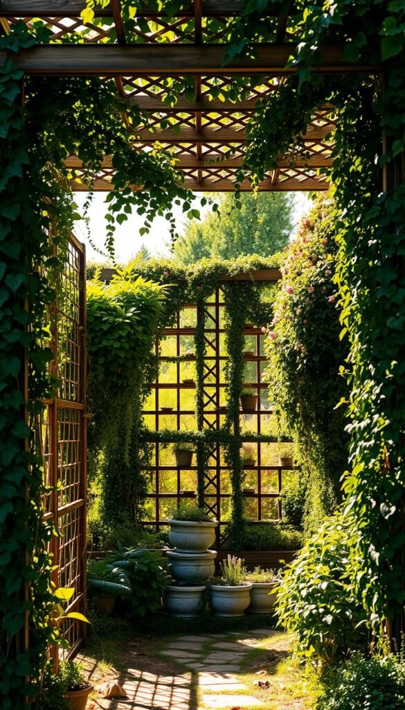 Lush vertical garden structures with cascading greenery, adorned with intricate lattices and trellises. A sun-dappled pergola casts gentle shadows, inviting one to linger and admire the verdant display. In the foreground, a delicate arbor frames a whimsical path, its wooden beams wrapped in climbing vines. The middle ground features a tiered planter system, each level overflowing with a variety of thriving plants. In the background, a weathered trellis supports a vibrant, flowering vine, creating a stunning focal point. Warm, golden light filters through the foliage, imbuing the scene with a serene, natural atmosphere.