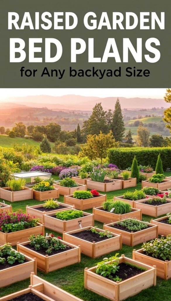 Modular garden layouts showcasing a variety of raised garden bed designs in a lush, verdant backyard setting. The foreground features a selection of sleek, wooden raised beds in varying shapes and sizes, arranged in a harmonious grid pattern. The middle ground showcases a mix of vibrant, flowering plants and herbs spilling over the bed edges. In the background, a picturesque landscape unfolds, with rolling hills, towering trees, and a warm, golden-hour lighting that casts a soft, dreamy glow over the entire scene. The overall composition conveys a sense of order, productivity, and natural beauty, perfectly capturing the essence of the "Raised Garden Bed Plans: Top 5 Designs for Any Backyard Size" section.