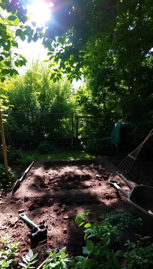 Overgrown backyard scene, with a patch of cleared soil in the foreground ready for garden bed construction. Sunlight filters through lush greenery, casting dappled shadows across the ground. Fencing or a wooden structure forms the backdrop, hinting at the garden's placement along the property's edge. Scattered gardening tools - shovels, rakes, and a wheelbarrow - suggest recent site preparation work. The atmosphere is one of tranquil anticipation, as the cleared area awaits the next steps in transforming this space into a thriving raised garden bed. Overgrown backyard scene, with a patch of cleared soil in the foreground ready for garden bed construction. Sunlight filters through lush greenery, casting dappled shadows across the ground. Fencing or a wooden structure forms the backdrop, hinting at the garden's placement along the property's edge. Scattered gardening tools - shovels, rakes, and a wheelbarrow - suggest recent site preparation work. The atmosphere is one of tranquil anticipation, as the cleared area awaits the next steps in transforming this space into a thriving raised garden bed.