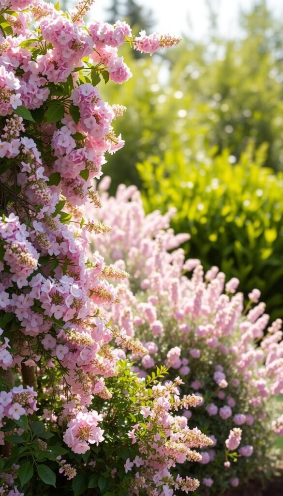 Pastel flowering shrubs and climbers against a soft, hazy backdrop. A delicate arrangement of pink and lavender blossoms cascading from lush, verdant foliage. Dappled sunlight filters through the scene, creating a warm, inviting ambience. In the foreground, clusters of fragrant flowers adorn trailing vines and compact bushes. The middle ground features a mix of medium-sized shrubs in complementary pastel hues. In the background, a blur of gentle greenery sets the stage for this serene, Oz-inspired cottage garden vignette. Captured with a shallow depth of field and a warm, diffused lighting setup to emphasize the dreamlike, romantic mood.