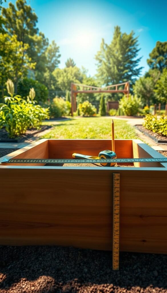 Precise garden bed measurements, a high-resolution photorealistic image. In the foreground, a neatly laid-out raised garden bed, its wooden frame meticulously measured and constructed. The smooth, polished boards cast soft shadows, creating a sense of depth and precision. In the middle ground, a variety of gardening tools, including a tape measure, ruler, and pencil, are artfully arranged, conveying the attention to detail required for this project. The background is a serene, sun-dappled garden setting, with lush greenery and a clear, blue sky overhead, illuminating the scene with a warm, natural light. The overall atmosphere is one of focus, organization, and the careful planning essential for building a successful raised garden bed. Precise garden bed measurements, a high-resolution photorealistic image. In the foreground, a neatly laid-out raised garden bed, its wooden frame meticulously measured and constructed. The smooth, polished boards cast soft shadows, creating a sense of depth and precision. In the middle ground, a variety of gardening tools, including a tape measure, ruler, and pencil, are artfully arranged, conveying the attention to detail required for this project. The background is a serene, sun-dappled garden setting, with lush greenery and a clear, blue sky overhead, illuminating the scene with a warm, natural light. The overall atmosphere is one of focus, organization, and the careful planning essential for building a successful raised garden bed.