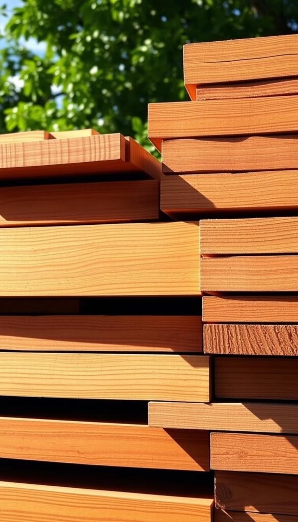 Prompt A neatly stacked arrangement of freshly milled cedar boards, their warm reddish-brown hues contrasting against a bright, sun-dappled backdrop. The boards are of varying widths, carefully selected for their even grains and smooth, knot-free surfaces, ready to be repurposed into raised garden beds. The lighting is soft and natural, casting gentle shadows that accentuate the texture and grain of the wood. The camera angle is positioned slightly above, providing a clear view of the boards' profiles and the attention to detail in their selection. The overall atmosphere evokes a sense of rustic charm and the promise of a bountiful, DIY gardening project.