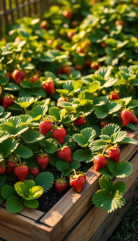 Raised bed garden filled with lush, vibrant strawberry plants, bathed in warm, soft lighting. The sturdy, wooden raised bed frame stands at a comfortable waist-level height, allowing for easy access and tending. Plump, juicy strawberries in various stages of ripeness dot the verdant foliage, their ruby-red hues glistening under the gentle rays of the sun. A sense of peaceful, pastoral tranquility pervades the scene, inviting the viewer to envision the delightful experience of harvesting these delectable berries. The camera angle provides a close, intimate perspective, highlighting the intricate details and textures of the strawberry plants and their bountiful yield.