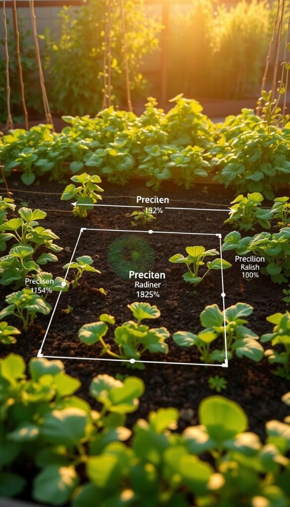 Raised bed garden layout, showcasing detailed spacing guidelines. A lush, verdant raised bed filled with thriving plants, backlit by warm, golden sunlight. The bed is neatly divided into sections, with clear demarcations outlining the recommended spacing for various crops. Precise measurements and annotations displayed in a clean, informative manner, guiding the viewer on optimal plant placement. The scene is captured from a slightly elevated angle, providing a comprehensive overview of the layout. The background is softly blurred, keeping the focus on the raised bed and its organizational structure. An educational, visually appealing depiction of raised bed gardening principles.