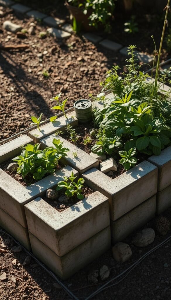 Raised garden bed crafted from concrete blocks in a natural, earthy setting. Solid blocks arranged in a thoughtful, geometric pattern, intertwined with lush greenery and natural stones. Sunlight casts warm shadows, highlighting the textural contrast between the cool concrete and the vibrant plants. A tranquil, rustic design that seamlessly blends into its surroundings, showcasing an inexpensive, repurposed solution for a thriving vegetable or herb garden. Slight side angle perspective to capture the design's three-dimensional qualities. Moody, atmospheric lighting creates a sense of serenity and charm.