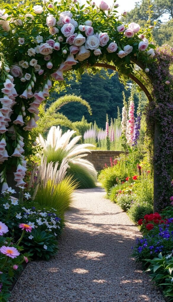 Serene cottage garden pathways wind through a lush tapestry of blooms. Delicate flowers like foxgloves, peonies, and sweet peas spill over the edges, creating a romantic, whimsical atmosphere. Dappled sunlight filters through an archway of climbing roses, casting a warm, golden glow. In the middle ground, a gravel path leads the eye deeper into the scene, flanked by billowing ornamental grasses and compact shrubs. Towering hollyhocks and columbines dot the background, framing the tranquil vista. An old stone wall runs along the far edge, adding rustic charm. The overall scene evokes a sense of timeless English countryside, perfectly capturing the essence of the cottage garden aesthetic.