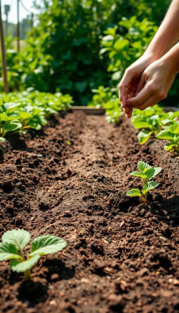 Soil preparation for strawberries in a raised garden bed: a detailed, realistic scene illuminated by warm, natural light. In the foreground, a gardener's hands carefully turn and loosen the rich, dark soil, incorporating generous amounts of nutrient-dense compost. In the middle ground, rows of freshly tilled earth await the placement of strawberry plants, their roots ready to flourish in the optimized growing medium. In the background, a lush green backdrop of flourishing plants and verdant foliage sets the stage for a bountiful strawberry harvest.