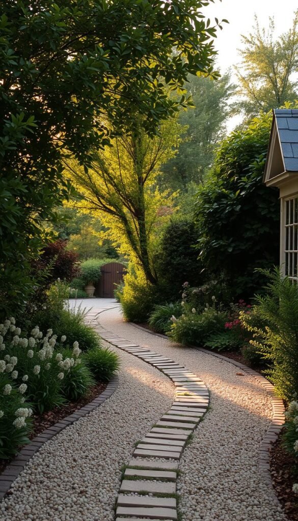 Tranquil cottage garden path, sunlight filtering through lush foliage. Gravel, brick, and stone options wind through the verdant landscape, inviting exploration. Carefully curated textures and neutral tones create a timeless, picturesque scene. Meandering path leads the eye through the serene setting, accented by delicate flora and architectural details. Soft, warm lighting casts a golden glow, evoking a sense of nostalgia and rustic charm. Capture the essence of a quintessential cottage garden oasis, primed for a leisurely stroll.