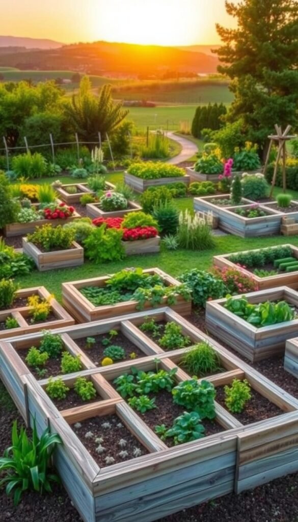 Unique raised bed layouts in a lush, vibrant garden setting. A striking foreground featuring a series of intricately designed raised beds in various geometric shapes and sizes, crafted from natural materials like wood and stone. The middle ground showcases a harmonious arrangement of thriving vegetables, herbs, and flowers in a kaleidoscope of colors. The background reveals a serene landscape with gentle hills, a meandering path, and a warm, golden sunset lighting up the scene. The overall composition conveys a sense of balance, creativity, and the beauty of a well-planned, functional raised bed garden design. Unique raised bed layouts in a lush, vibrant garden setting. A striking foreground featuring a series of intricately designed raised beds in various geometric shapes and sizes, crafted from natural materials like wood and stone. The middle ground showcases a harmonious arrangement of thriving vegetables, herbs, and flowers in a kaleidoscope of colors. The background reveals a serene landscape with gentle hills, a meandering path, and a warm, golden sunset lighting up the scene. The overall composition conveys a sense of balance, creativity, and the beauty of a well-planned, functional raised bed garden design.